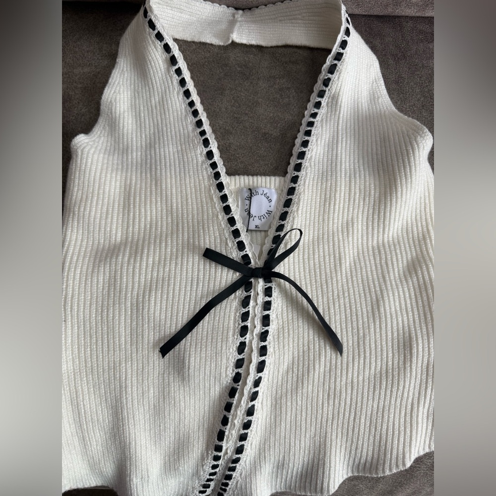 With Jean white halter top with Black ribbon Trim